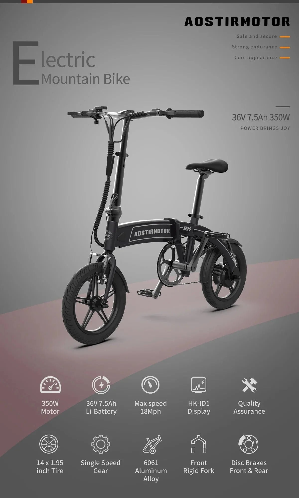 AOSTIRMOTOR M20 350W Folding Electric Bike for Adults , 14" Tire, with 36V 7.5AH Lithium Battery, Travel Up to 30 Miles, Max Speed Up to 17 MPH (Grey)